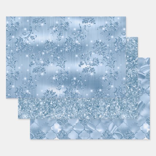 Elegante hellblaue Glitter-Glam-Muster Geschenkpapier Set (Set)
