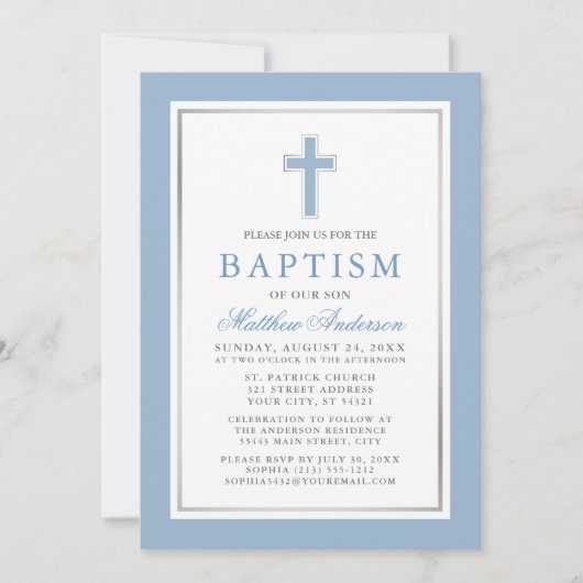 Elegante hellblaue Silbertaufe gestreift Einladung (Vorderseite)