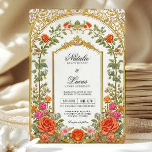 Elegante helle orange-pinke Blumen-Barock-Hochzeit Einladung
