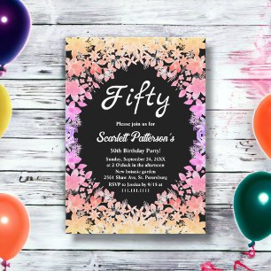 Elegante helle Rose Schwarzer Flor 50. Geburtstag Einladung