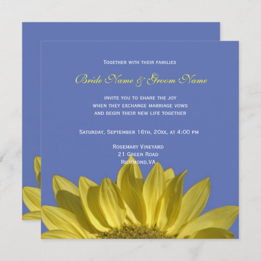 Elegante, helle Sonnenblume in blau, Hochzeit einl Einladung (Vorne/Hinten)