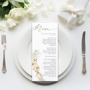 Elegante, hellgelbe Wildblumen Hochzeit Menükarte
