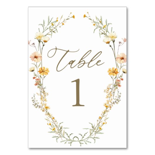Elegante, hellgelbe Wildblumen Hochzeit Tischnummer (Rückseite)