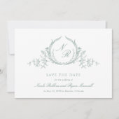 Elegante, hellgrüne Aquarellfarben-Monogrammkallig Save The Date (Vorderseite)