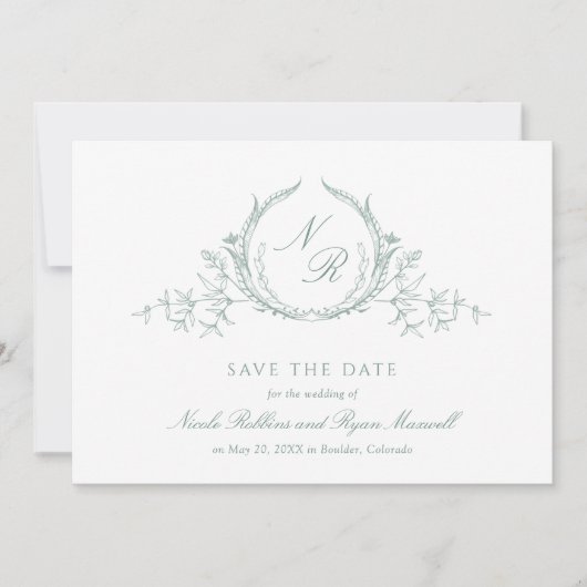 Elegante, hellgrüne Aquarellfarben-Monogrammkallig Save The Date (Vorderseite)