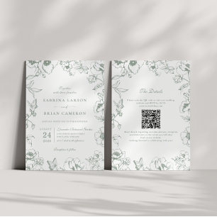 Elegante hellgrüne Floral-Garten-QR-Code-Hochzeit Einladung