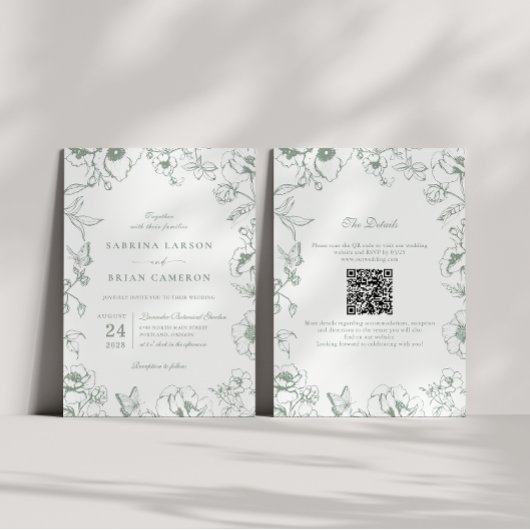 Elegante hellgrüne Floral-Garten-QR-Code-Hochzeit Einladung
