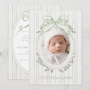 Elegante hellgrüne Geburtsanzeige für Baby Mädchen Einladung