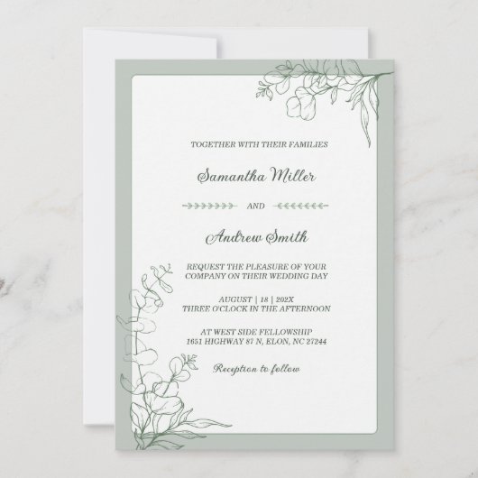 Elegante Hellgrüne Hochzeit Einladung (Vorderseite)