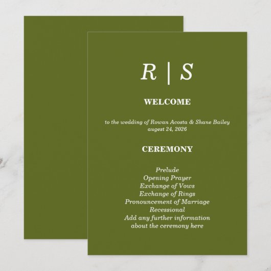 Elegante hellgrüne Monogramm-Hochzeitsprogrammkart Programm (Vorne/Hinten)