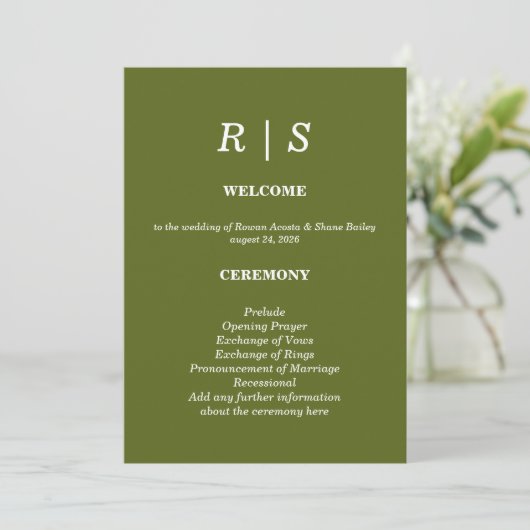 Elegante hellgrüne Monogramm-Hochzeitsprogrammkart Programm (Stehend Vorderseite)