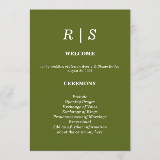 Elegante hellgrüne Monogramm-Hochzeitsprogrammkart Programm (Vorderseite)