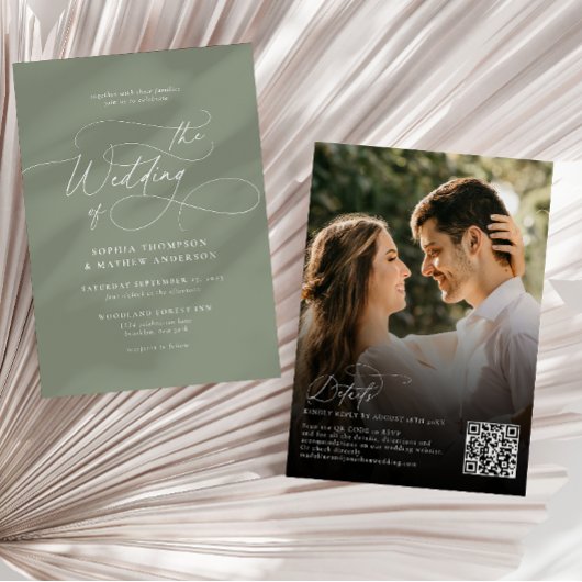Elegante Hellgrüne QR-Code-Rsvp-Foto-Hochzeit Einladung