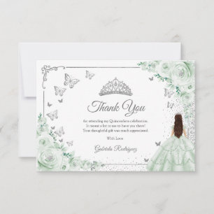 Elegante hellgrüne Rosen Silber Quinceanera Dankeskarte