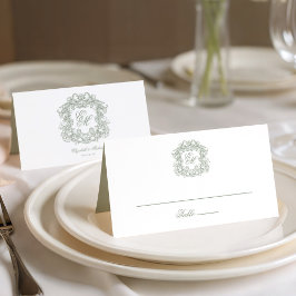 Elegante Hellgrüne Vintage-Wappen-Monogramm-Hochze Platzkarte