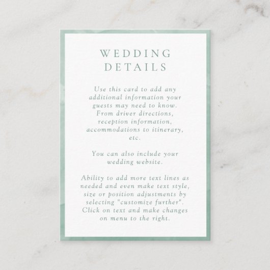 Elegante, hellgrüne Wasserfarben - Hochzeitsdetail Begleitkarte (Vorderseite)