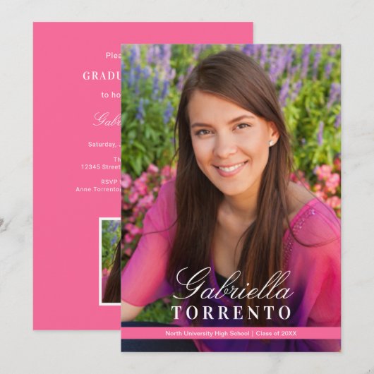 Elegante, hellrosa, benutzerdefinierte Foto-Gradui Einladung (Vorne/Hinten)