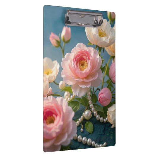 Elegante hellrosa Blume mit Perlen Klemmbrett (Rechts)