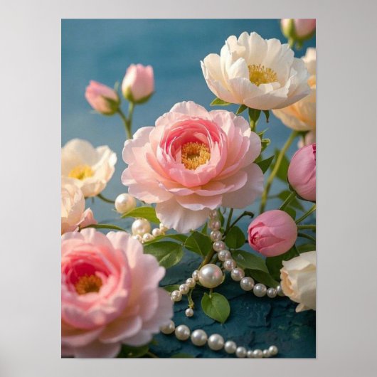 Elegante hellrosa Blume mit Perlen Poster (Vorne)