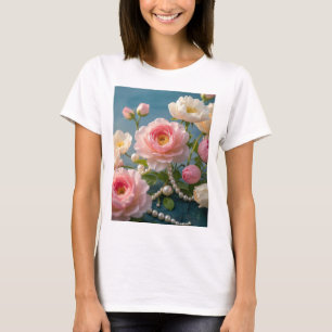 Elegante hellrosa Blume mit Perlen T-Shirt