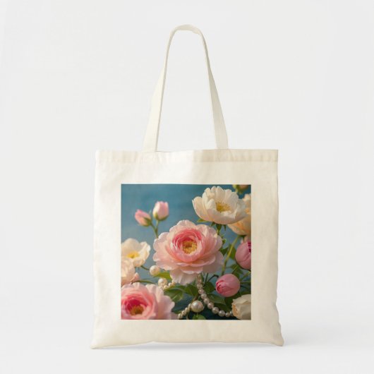 Elegante hellrosa Blume mit Perlen Tragetasche (Vorne)