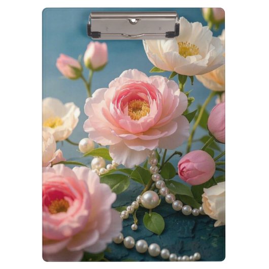 Elegante hellrosa Blush-Blumen mit Perlen Klemmbrett (Vorderseite)
