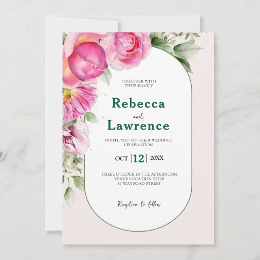 Elegante hellrosa botanische Hochzeit Einladung (Vorderseite)