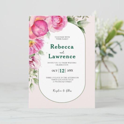 Elegante hellrosa botanische Hochzeit Einladung (Stehend Vorderseite)