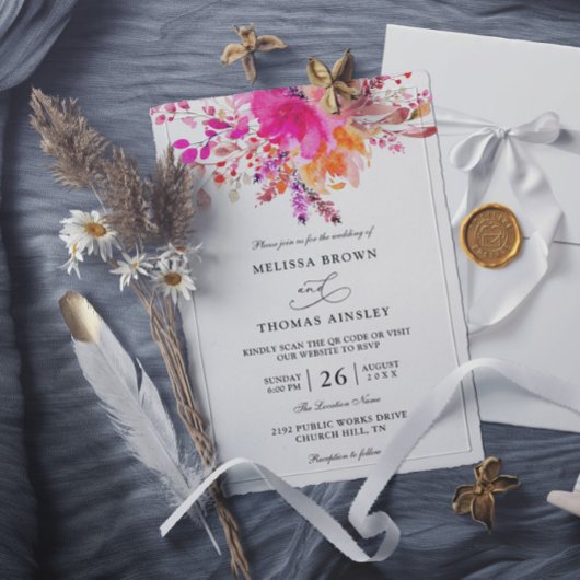Elegante hellrosa florale Budget-QR-Code-Hochzeit Einladung