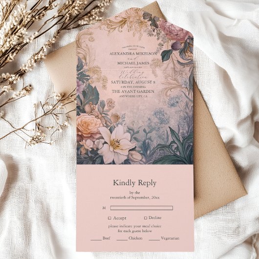 Elegante, hellrosa, florale Hochzeit All In One Einladung