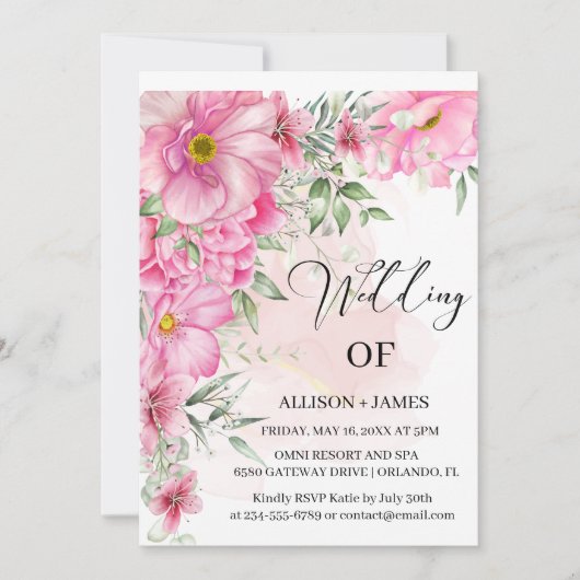 Elegante, hellrosa, florale Hochzeit Einladung (Vorderseite)