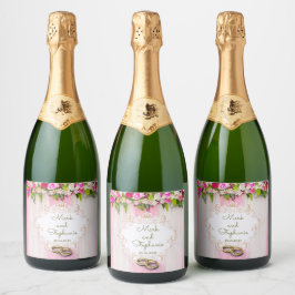 Elegante, hellrosa, florale Hochzeit Schaumweinetikett