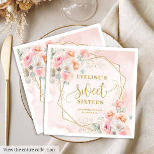 Elegante hellrosa goldene Pfingstrosen Sweet Sixte Serviette