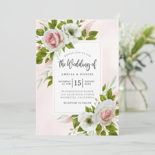 Elegante hellrosa Rose Blumenwasser Hochzeit Einladung (Stehend Vorderseite)