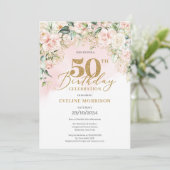 Elegante hellrosa Rose grün Gold 50. Geburtstag Einladung (Stehend Vorderseite)