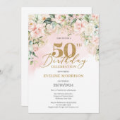 Elegante hellrosa Rose grün Gold 50. Geburtstag Einladung (Vorne/Hinten)