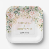 Elegante hellrosa Rose Grün und Goldhochzeit Pappteller (Vorderseite)