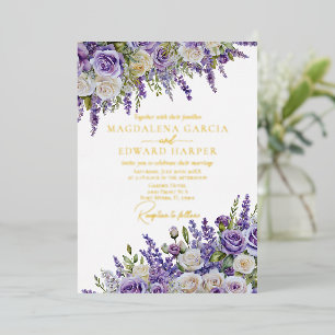 Elegante hellviolette Lavendelrosen Blumenhochzeit Folieneinladung