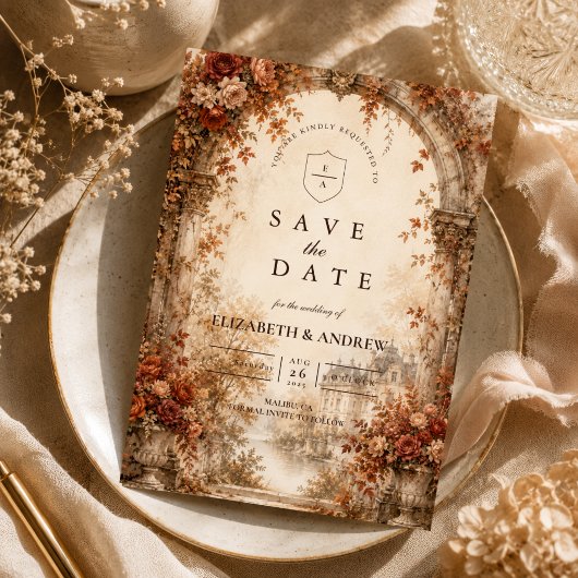 Elegante Herbst-Bogen-Hochzeit Save The Date