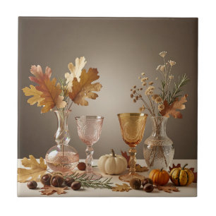 Elegante Herbst-Stillleben-Glasvase-Anordnung Fliese
