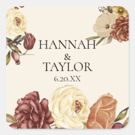 Elegante Herbst Wasserfarben Blumenhochzeit Quadratischer Aufkleber