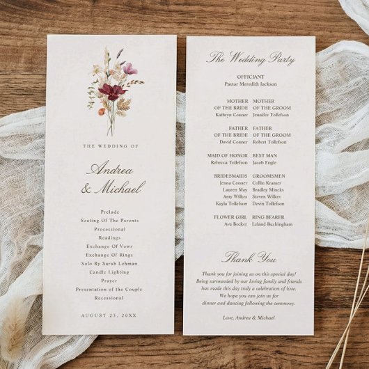 Elegante Herbst-Wasserfarben-Wildblumen-Hochzeit Programm