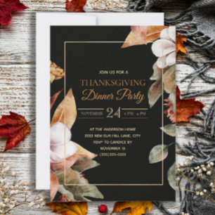 Elegante Herbstblätter Schwarzes Thanksgiving-Dinn Einladung