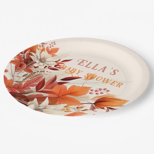 Elegante Herbstblumen Blätter Babydusche Pappteller (Schrägansicht)