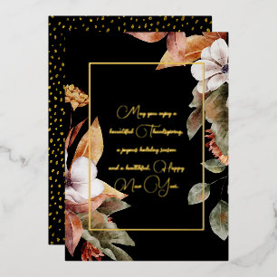 Elegante Herbstblumen & Blätter Gold Schrift Schwa Folien Feiertagskarte