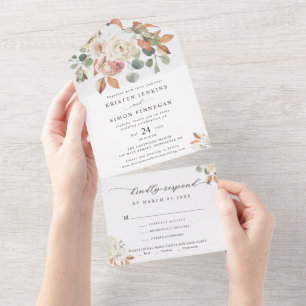 Elegante Herbstblumen Schrift Moderne Hochzeit All In One Einladung