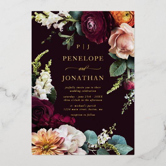 Elegante Herbstblumengoldmonogramm-Hochzeit Folieneinladung (Vorderseite)