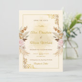 Elegante Herbstblush Bloral Gold Rahmen Hochzeit Einladung (Stehend Vorderseite)