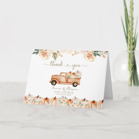 Elegante Herbstdusche Floral Pumpkin Truck Kinderd Dankeskarte (Vorderseite)