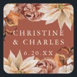 Elegante Herbstfarbe Terracotta auf Monte Tamaro Quadratischer Aufkleber<br><div class="desc">Dieses hübsche Hochzeitsaufkleber-Design zeichnet sich durch einen Rahmen von Aquarellfarben-Blume in schönen Herbsttönen aus. Die Typografie ist einfach, aber elegant. Passen Sie es mit Ihrem Namen und Ihrem Hochzeitsdatum an. Diese Aufkleber sind eine wunderbare Ergänzung zu Ihren Gastgeschenke Hochzeiten. Sie können sie auch verwenden, um den Umschlag Ihrer Einladung oder...</div>